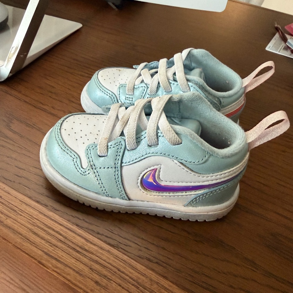 Nike Kids Light Blue, White and Purple Accent Sneakers